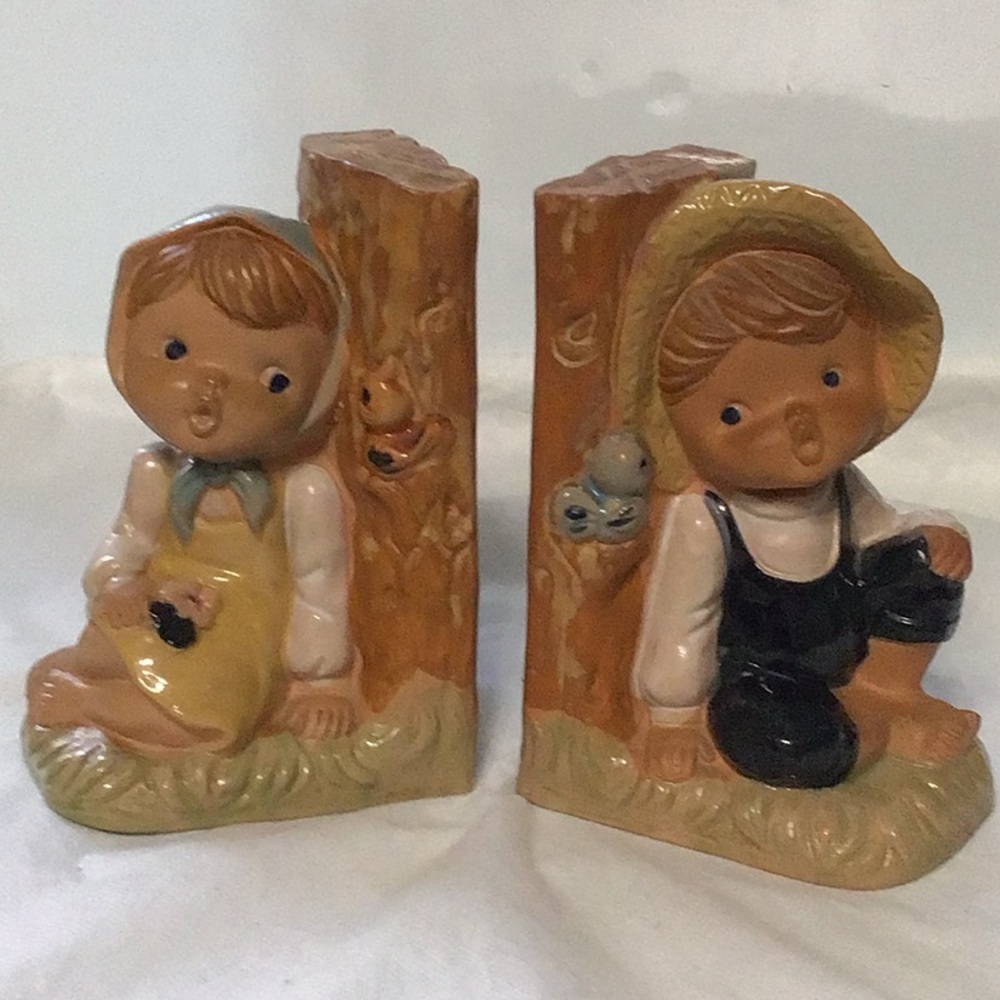Vintage Enesco Bookends Japan Hand Painted Ceramic Boy Girl Birds Trees
